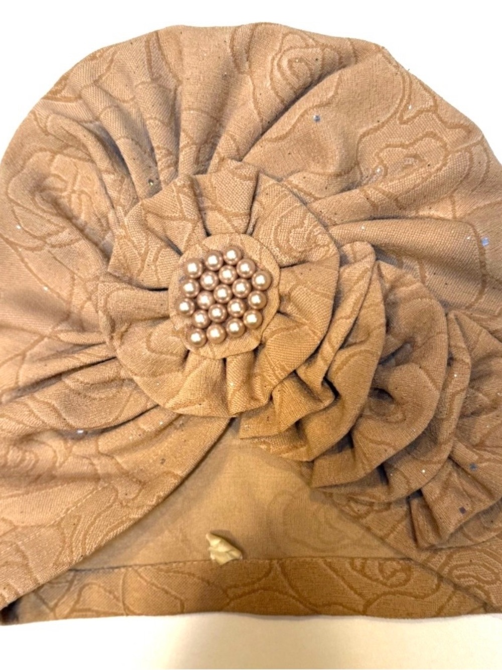 Flower Accent Women's Turban  Hat in Tan